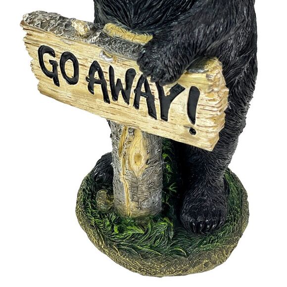 Rude Black Bear Statue with Go Away Sign 15 Resin Outdoor Garden Cabin Decor